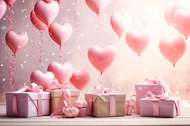 gift boxes with balls in the form of a heart on a pink background