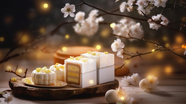 Gift boxes with blooming branch on bokeh background New year mid autumn festival celebration