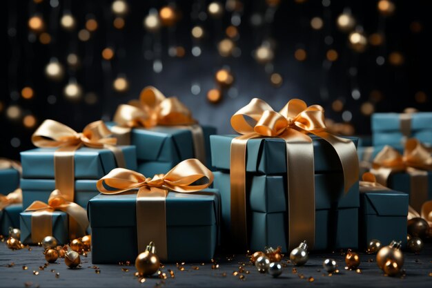 Gift boxes with bows on bokeh background