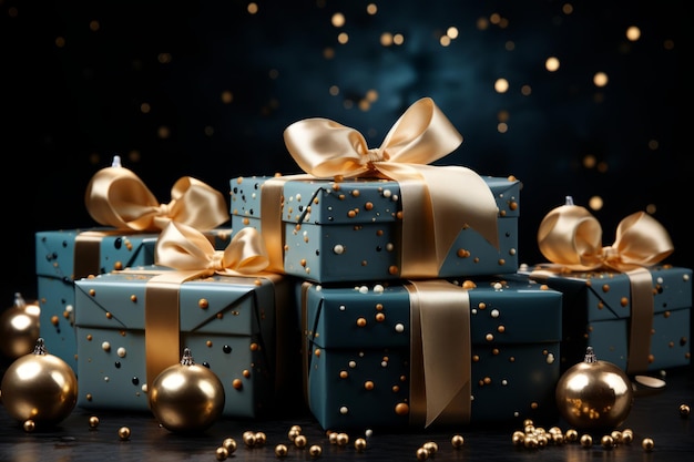 Gift boxes with bows on bokeh background