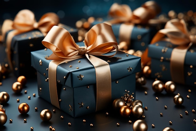 Gift boxes with bows on bokeh background