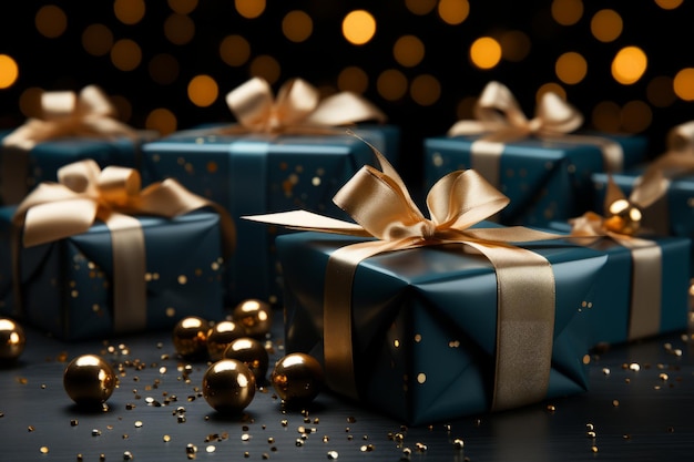 Gift boxes with bows on bokeh background