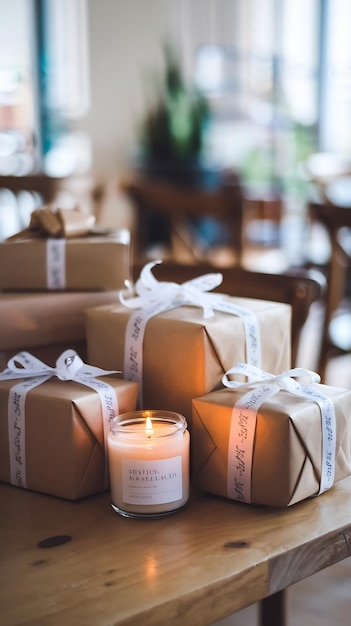 Photo gift boxes with candle on wooden table with bokeh background