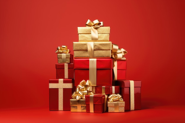 Gift boxes with gold bows on red background 3d rendering a pile of presents with gold bows and bows on top of each other with a red background AI Generated