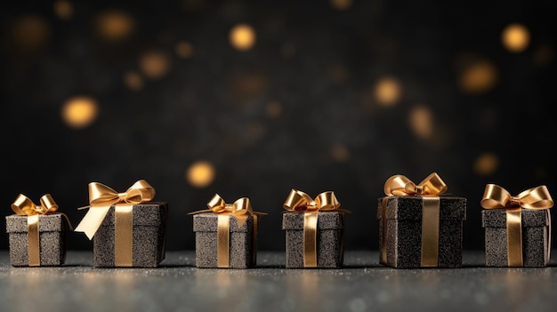 Gift boxes with golden bows on dark background with bokeh