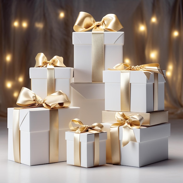 Gift boxes with golden bows on white background