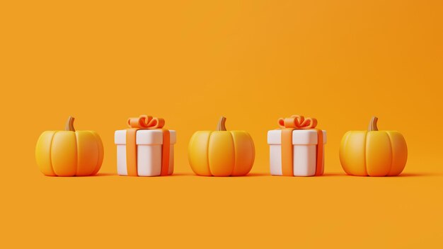 Gift boxes with Halloween JackoLantern pumpkins on orange background Happy Halloween 3D render