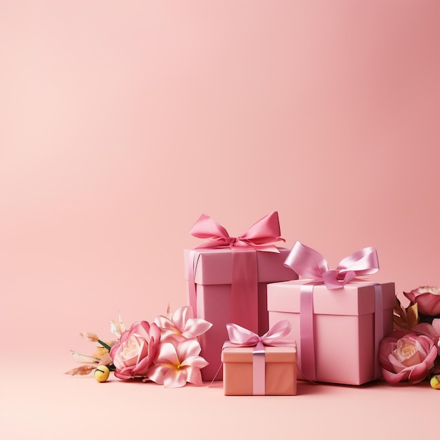 Gift boxes with pink bows and flowers on pastel pink background