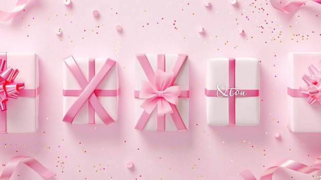 Photo gift boxes with pink ribbons and confetti