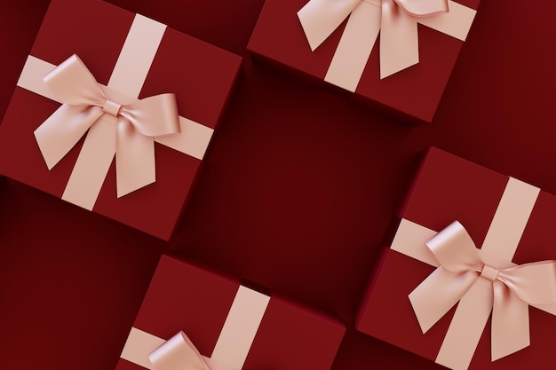 Gift boxes with pink ribbons on red boxes 3d rendering