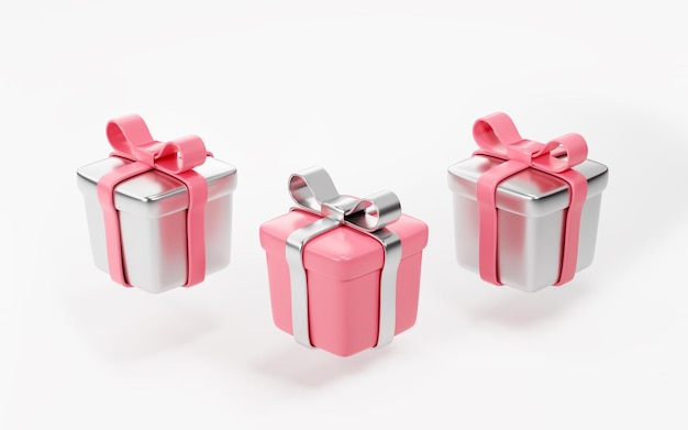 Gift boxes with pink silver ribbon on white background 3d render