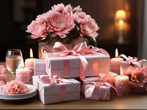 Gift boxes with ribbons and balloons