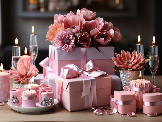 Gift boxes with ribbons and balloons