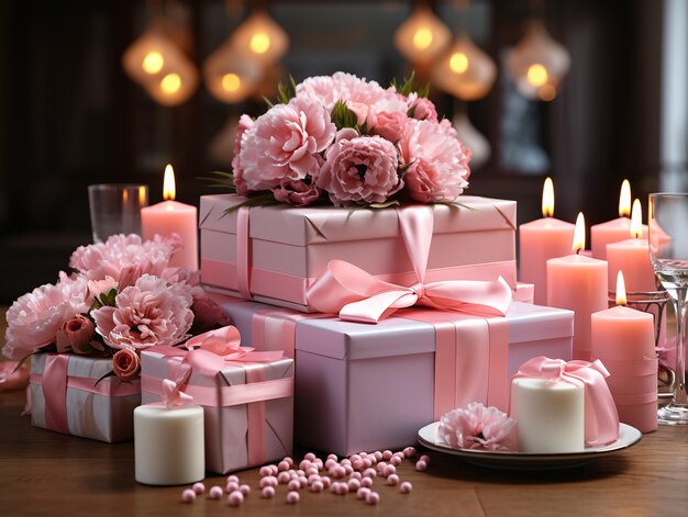 Gift boxes with ribbons and balloons