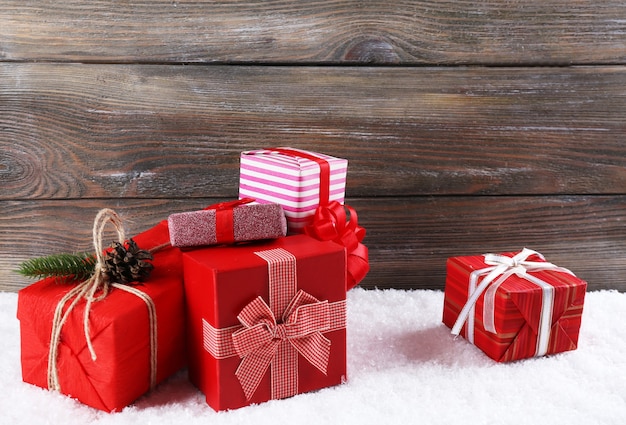 Gift boxes on wooden background