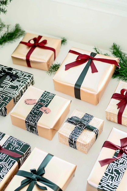 Gift boxes wrapped in gold paper with black and red ribbon