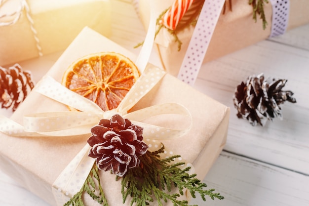 Gift boxes wrapped in wrapping paper with ribbons