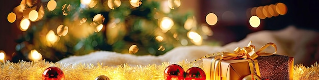 Gift and Christmas decorations on the background of a Christmas tree and bokeh banner