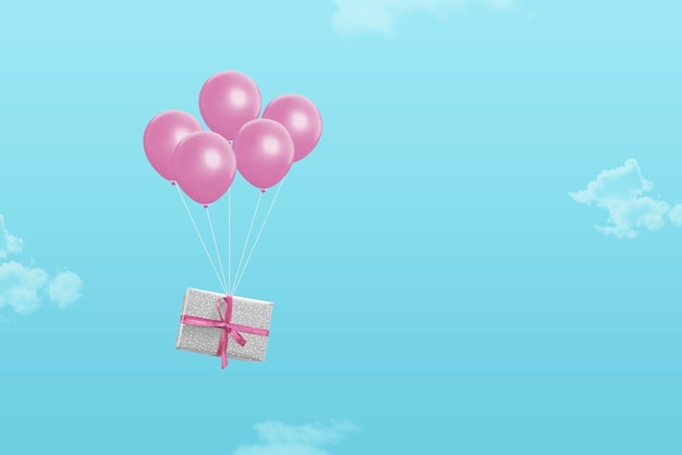 Gift delivery at Christmas corona time with the help of balloons. Minimal concept with pastel colors