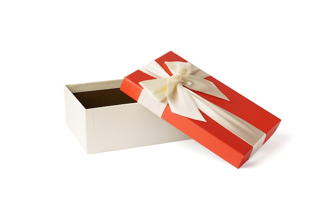 Gift isolated. open red gift box with white ribbon and bow