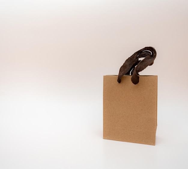 Gift kraft package isolated on a light background kraft bag with brown hands the concept of recyclin