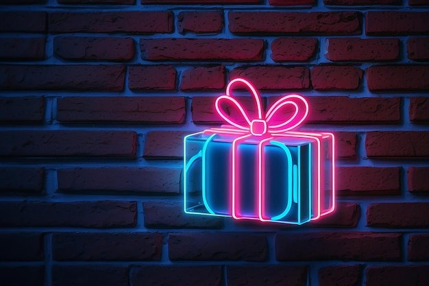 Photo gift neon tubes icon illuminating a brick wall with blue and pink glowing light 3d rendering