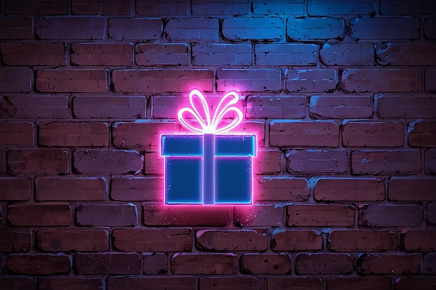 Photo gift neon tubes icon illuminating a brick wall with blue and pink glowing light 3d rendering