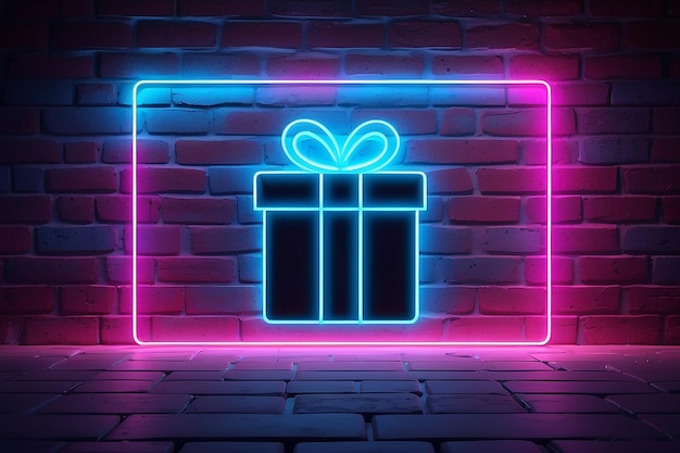 Photo gift neon tubes icon illuminating a brick wall with blue and pink glowing light 3d rendering