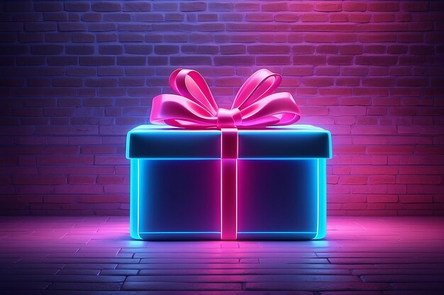 Photo gift neon tubes icon illuminating a brick wall with blue and pink glowing light 3d rendering