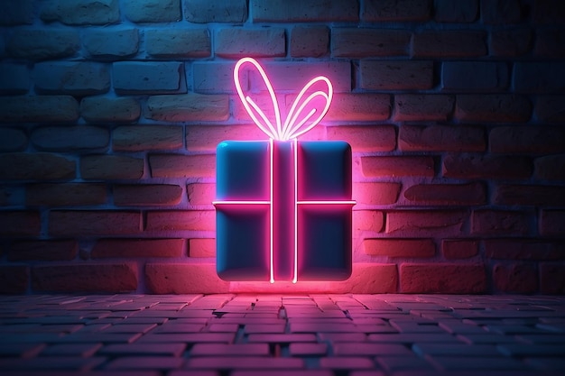 Photo gift neon tubes icon illuminating a brick wall with blue and pink glowing light 3d rendering