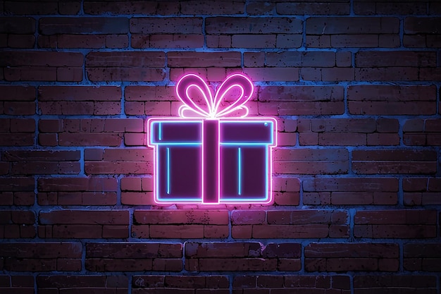 Photo gift neon tubes icon illuminating a brick wall with blue and pink glowing light 3d rendering