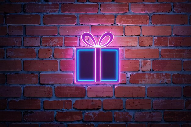 Photo gift neon tubes icon illuminating a brick wall with blue and pink glowing light 3d rendering