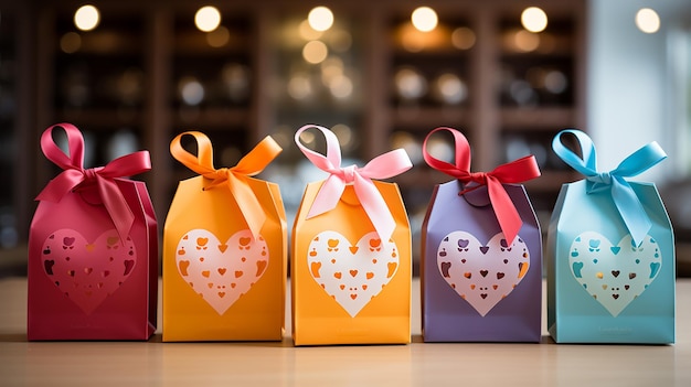 Gift Paper Packaging with Heart Icons in Yellow Blue and Orange