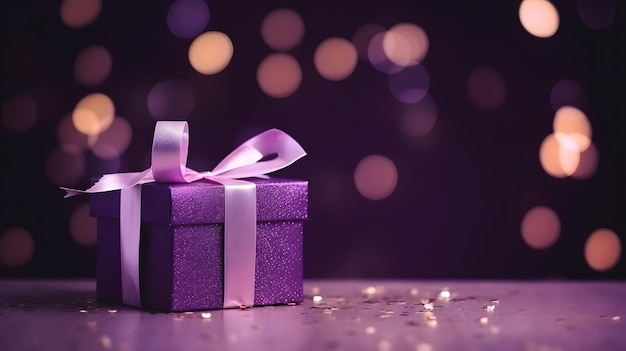 Gift purple box with bokeh blurred background