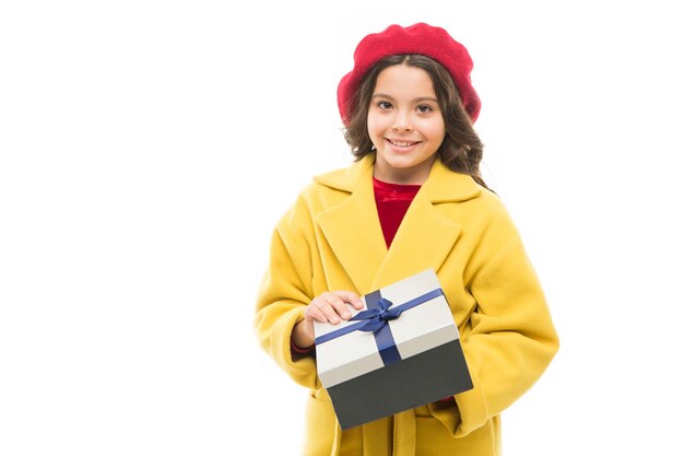 Gift shop Spring shopping concept Buy clothes and cute little gifts for spring season Satisfying shopping day Child stylish hold gift box Girl cute little lady coat and beret carry gift