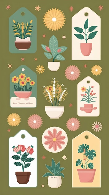 Photo gift tags and cards with houseplants and flowers lovely floral elements cartoon style