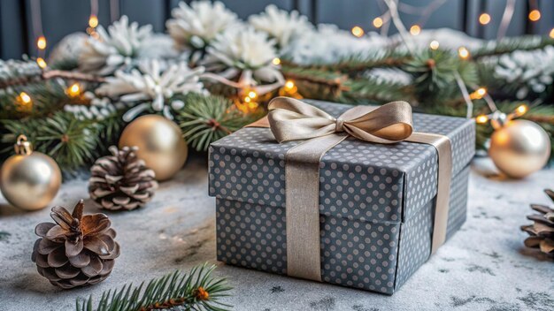 a gift with a gold ribbon tied around it and a christmas tree with a ribbon