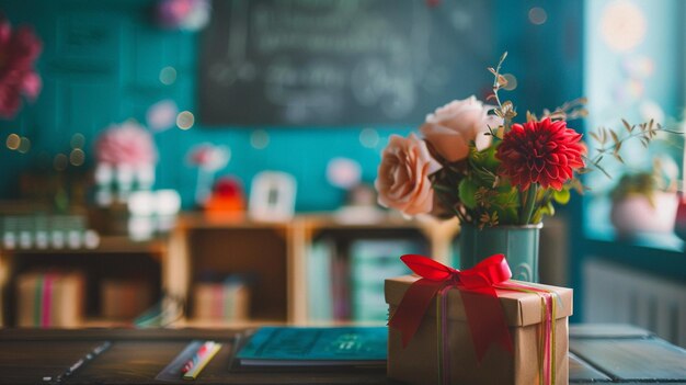 a gift with a red ribbon and a box of roses on a table