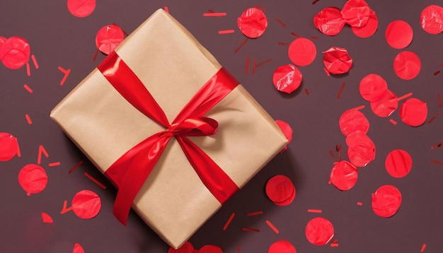 A gift with a red ribbon tied around it and a red ribbon on a dark background.