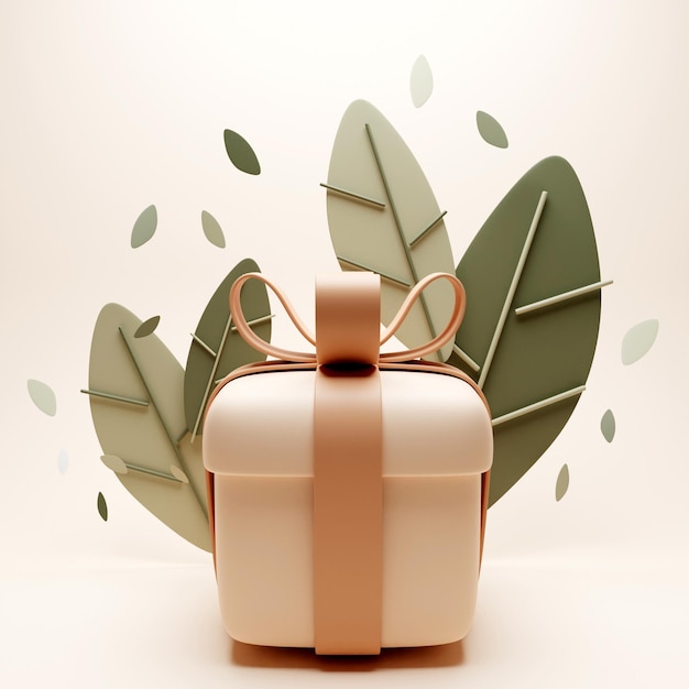 Gift with tree leaves 3d illustration for UI