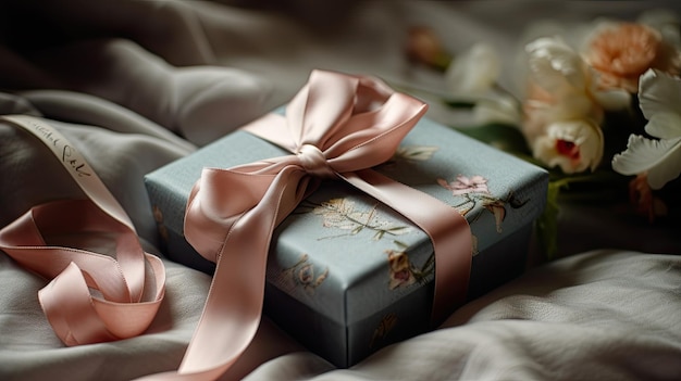 A gift wrapped in a blue paper with a pink ribbon and a pink bow.