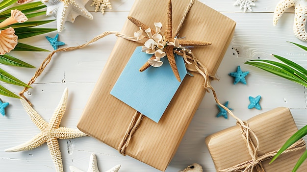 a gift wrapped in brown paper with a blue gift wrapped in gold ribbon