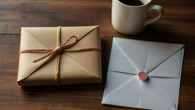 a gift wrapped in a brown paper with a card on it and a small card on the table