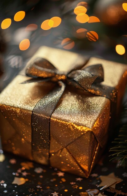 Gift Wrapped in Gold Paper With Red Bow