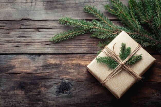 Photo gift wrapped in natural paper adorned with twine and evergreen branches on rustic wooden table