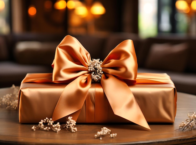 a gift wrapped with an orange bow sitting on a wood table