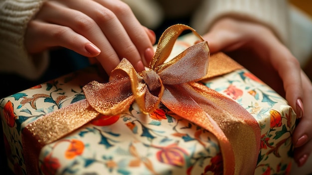 Photo gift wrapping closeup hands ribbon and paper