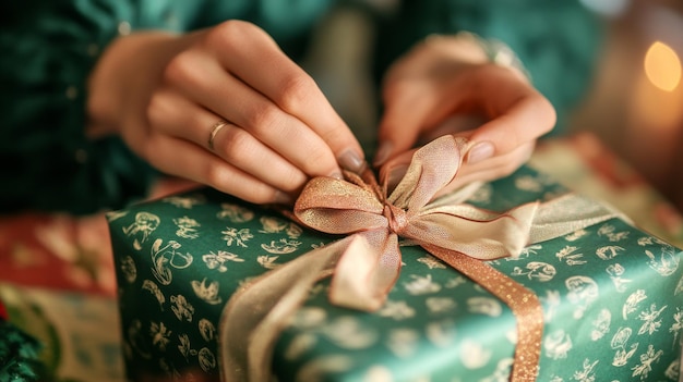 Photo gift wrapping closeup hands tying ribbon on festive paper