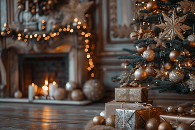 Gifts beneath Christmas tree in cozy home with fireplace and starry garlands Warm holiday ambiance