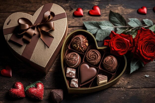 Gifts in boxes and red hearts and roses on a wooden background